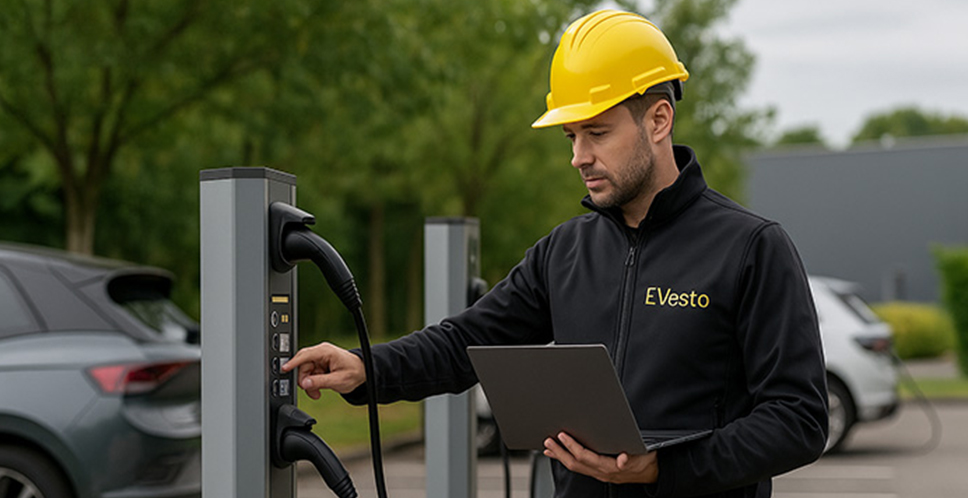 man met gele helm bij een laadpaal